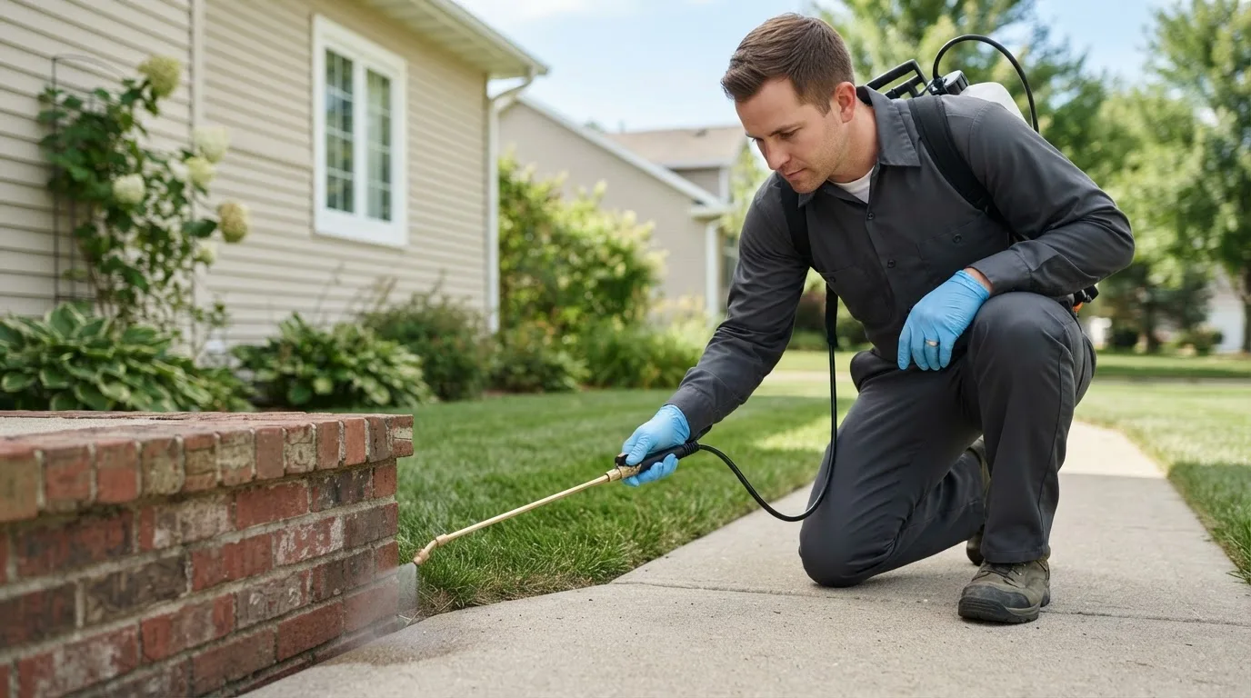 Pest control technician treating a home near Mineola, NY